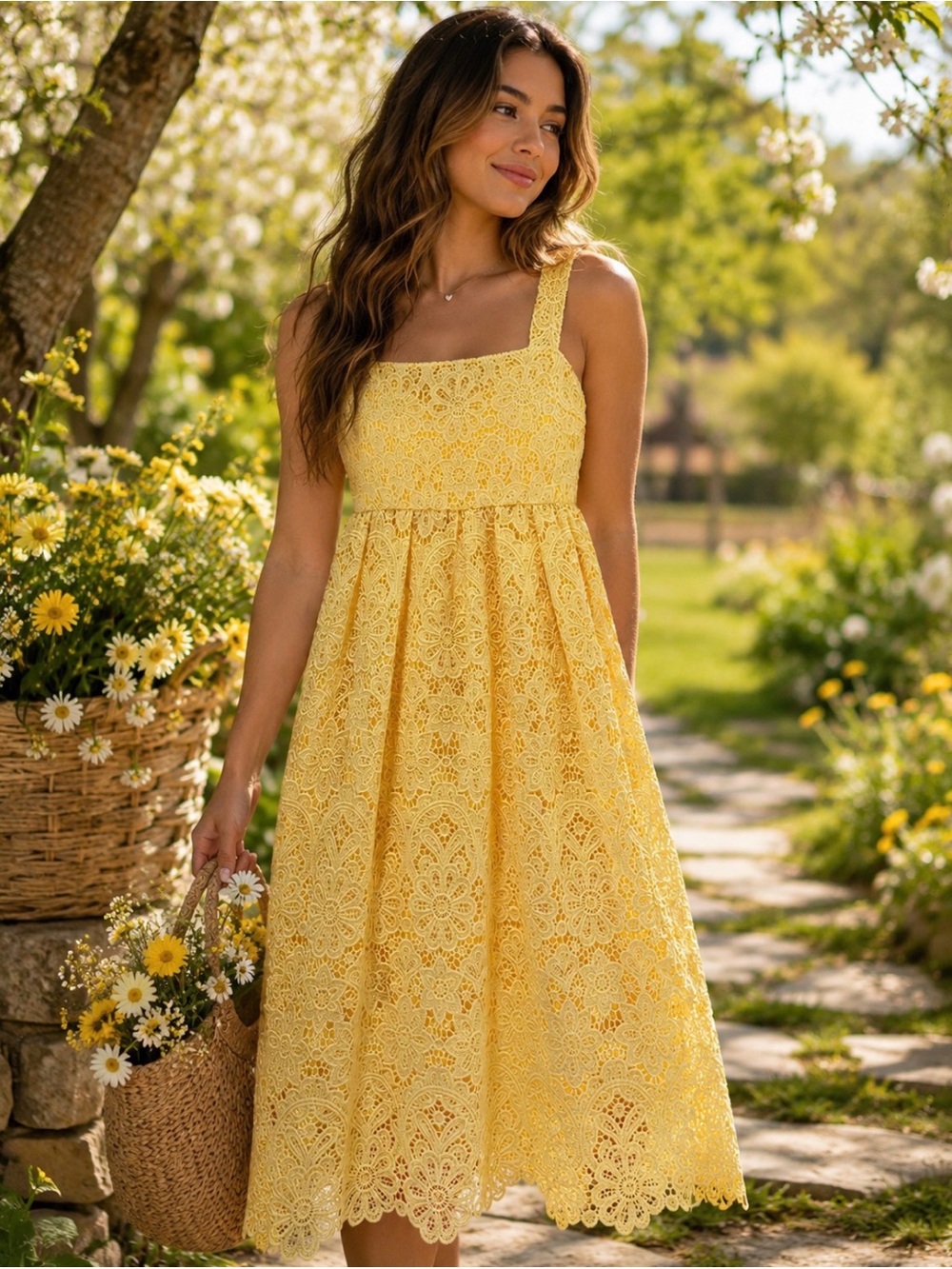 Yellow Lace Midi Dress with Straps